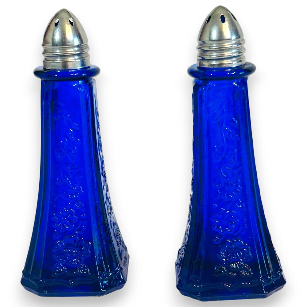 Salt & Pepper Shakers Cobalt Blue Glass 4.5" Floral Pattern
